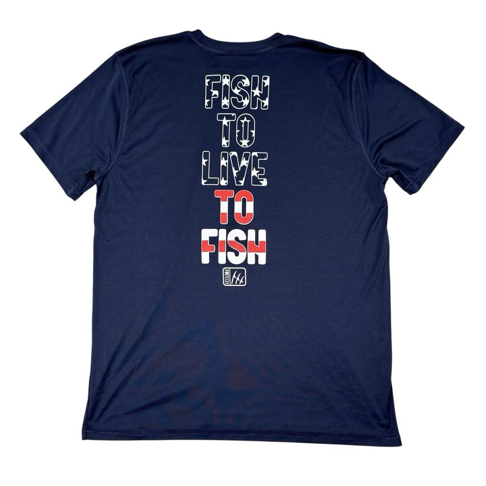 Fintech Fishing Shirt Men Size Medium Blue Fish to Live Live to Fish Tee Stretch